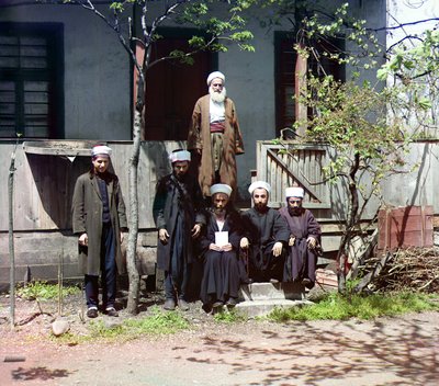 Six Men in Front of a House, Caucasus and Black Sea Area, Russian Empire, between 1905 and 1915 by Sergey Prokudin Gorsky